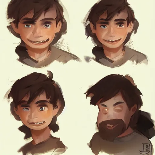 Prompt: Jake the 12 year old boy from the stone age,detailed face, cute face,epic,by rossdraws and greg rutkowski,wearing cave man clothes, concept art,