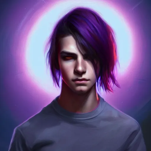 Image similar to colorful and festive captivating teenager boy with straight indigo hair, purple eyes with red eye markers, slim body, wearing combat clothes. rich vivid colors, ambient lighting, dynamic lighting, 4 k, atmospheric lighting, painted, intricate, highly detailed by charlie bowater