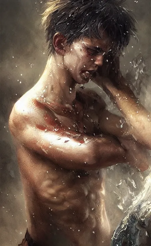 Image similar to The most beautiful young warrior guy in the world crying water,digital art,ultra realistic,ultra detailed, ultra wide Lens, art by greg rutkowski