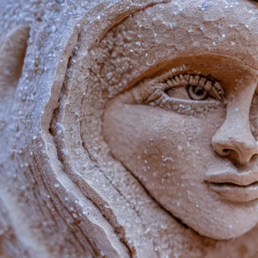 Prompt: detailed sculpture covered in salt shaped like a 30 year old woman in ancient Canaanite clothing, desert drought background. 40mm lens, shallow depth of field, split lighting