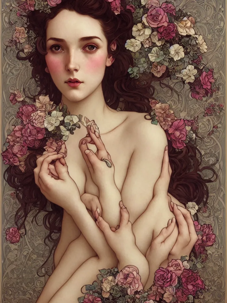 Image similar to portrait of a beautiful curvy symmetrical woman, sensuality, wrapped in flowers, art by Charlie Bowater, Alphonse Mucha, Tom Bagshaw