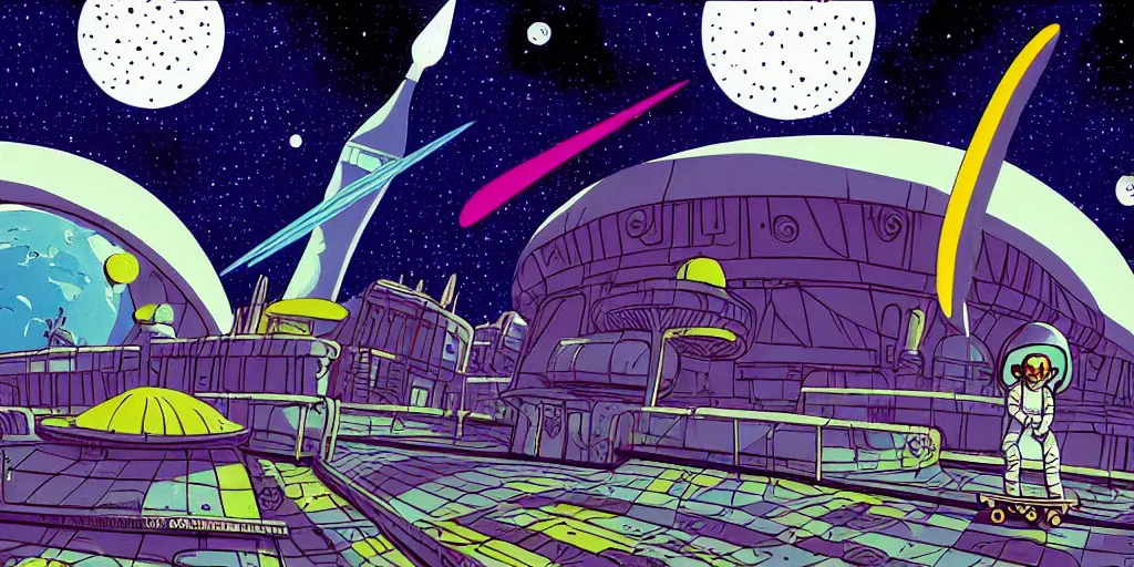 Image similar to traditional drawn colorful animation a solo skateboarder, futuristic city street, space station planet afar, planet surface, ground, rocket launcher, outer worlds, hyper contrast well drawn, in Metal Hurlant, in Pilote, in Pif, by Jean Henri Gaston Giraud animation film The Masters of Time FANTASTIC PLANET La planète sauvage animation by René Laloux