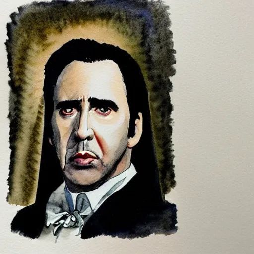 Image similar to watercolor portrait of nicolas cage as count dracula, detailed, centered, duotone