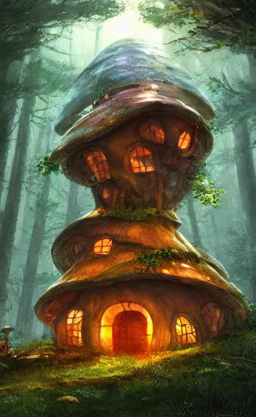 Image similar to a mushroom house in the middle of a forest at night, the lights are on, dynamic lighting, photorealistic fantasy concept art, trending on art station, stunning visuals, creative, cinematic, ultra detailed