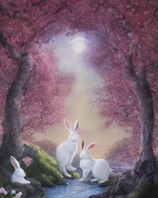 Image similar to ink on paper portrait of two white bunnies, super realistic, highly detailed, rule of thirds, in colorfull kimonos in the foreground of a surreal environment with cherry blossoms, volumetric light, dof, by greg rutkowski and michael whelan