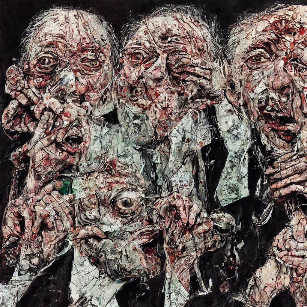 Image similar to George Soros, dollar bills Body horror, biopunk, by Ralph Steadman, Francis Bacon, Hunter S Thompson