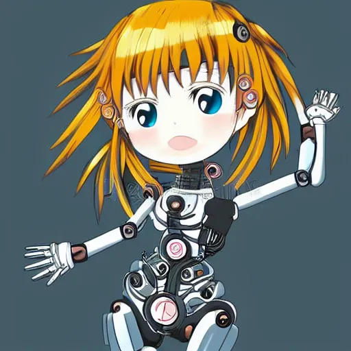Image similar to Anime manga robot!! Anime girl, cyborg girl, exposed wires and gears, fully robotic!! girl, manga!! in the style of Junji Ito and Naoko Takeuchi, cute!! chibi!!! Schoolgirl, epic full color illustration, full body illustration