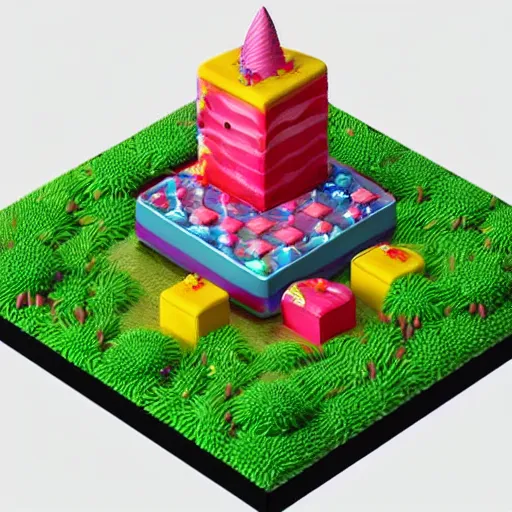 Prompt: isometric 3 d fantasy birthday cake, very realistic, no background, 3 d ray tracing, very colourful, cinematic lighting, cgi render, trending on artstation, dynamic lighting