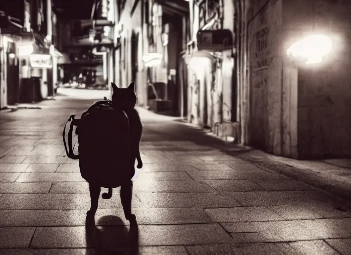 Image similar to photography of a Cat carrying a backpack . in a cyberpunk street. award winning photo, led lighting, night, 24mm, sharp, high res