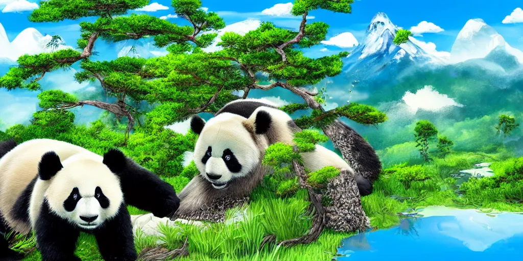 Image similar to a sweet panda in the foreground, a green lifeful landscape with mountains seas and big trees, hyperrealistic, highly detailed, 4k, blue sky with clouds and the sun