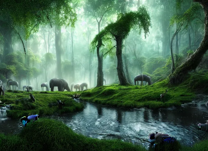 Image similar to hyperrealism, detailed textures, photorealistic 3 d render, a surreal mystical forest with a bright winding creek, a herd of wooly mammoths grazing, ultra realistic cinematic, intricate, cinematic light, concept art, illustration, art station, unreal engine