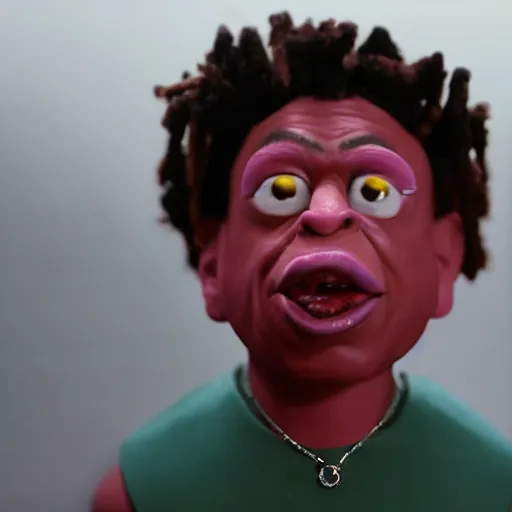 Image similar to a cinematic photograph still of trippie redd made out of clay, in claymation