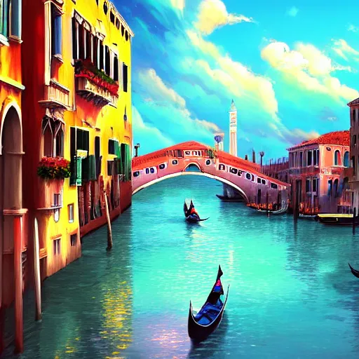 Prompt: a beautiful colorful digital illustration of Venice, Italy, breathtaking clouds, by makoto shinkai, thomas kinkade, and james gilleard, wide angle, high detail, vivid colors, deviantart, anime wallpaper 4k