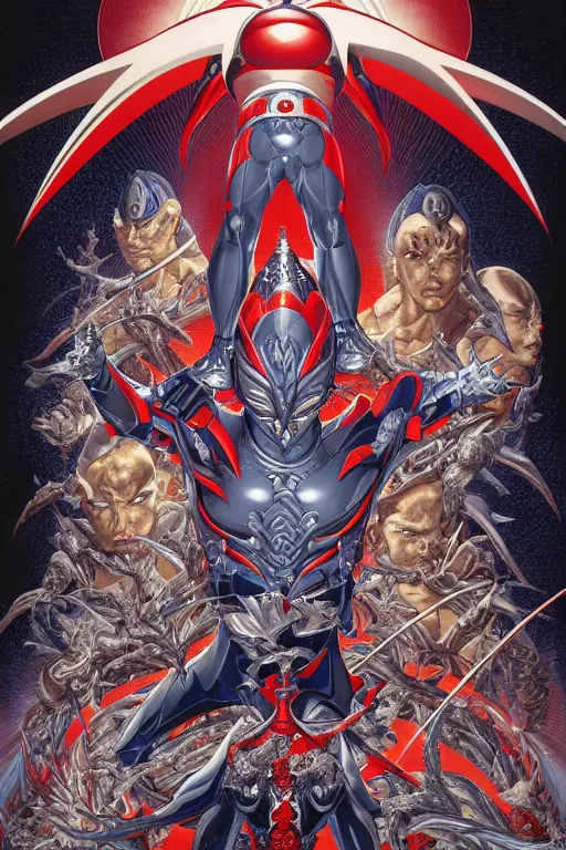 Image similar to posterof ultraman, symmetrical, by yoichi hatakenaka, masamune shirow, josan gonzales and dan mumford, deayami kojima, takato yamamoto, barclay shaw, karol bak, yukito kishiro