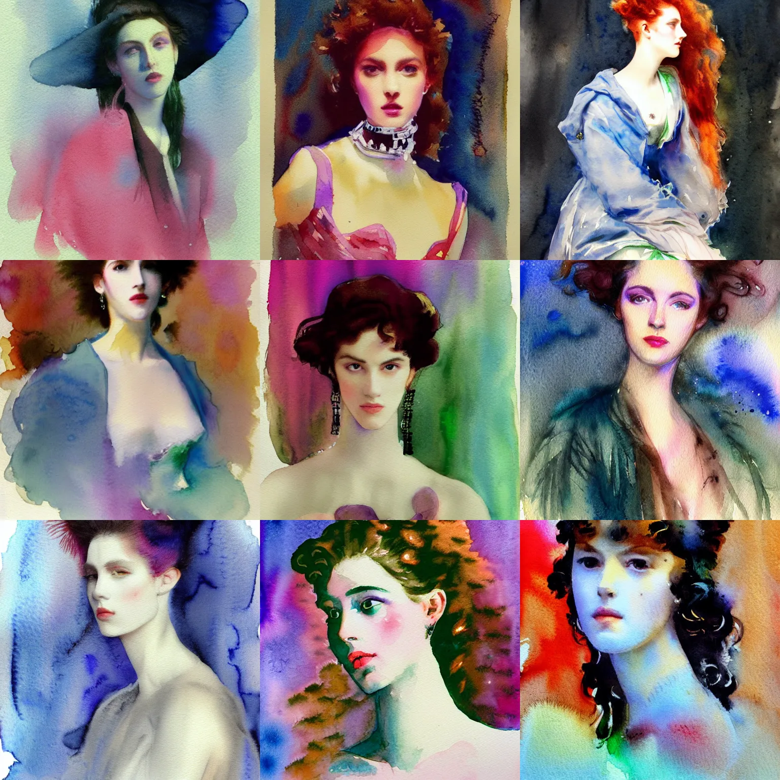 Prompt: women's fashion model, intricate vaporwave watercolor portrait by john singer sargent
