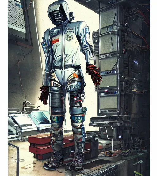 Image similar to realistic cyberpunk japanese engineer with long limbs and a black spacesuit carrying welder, techwear, dead space, visible face, Industrial Scifi, detailed illustration, character portrait, by Martin Grip and Moebius