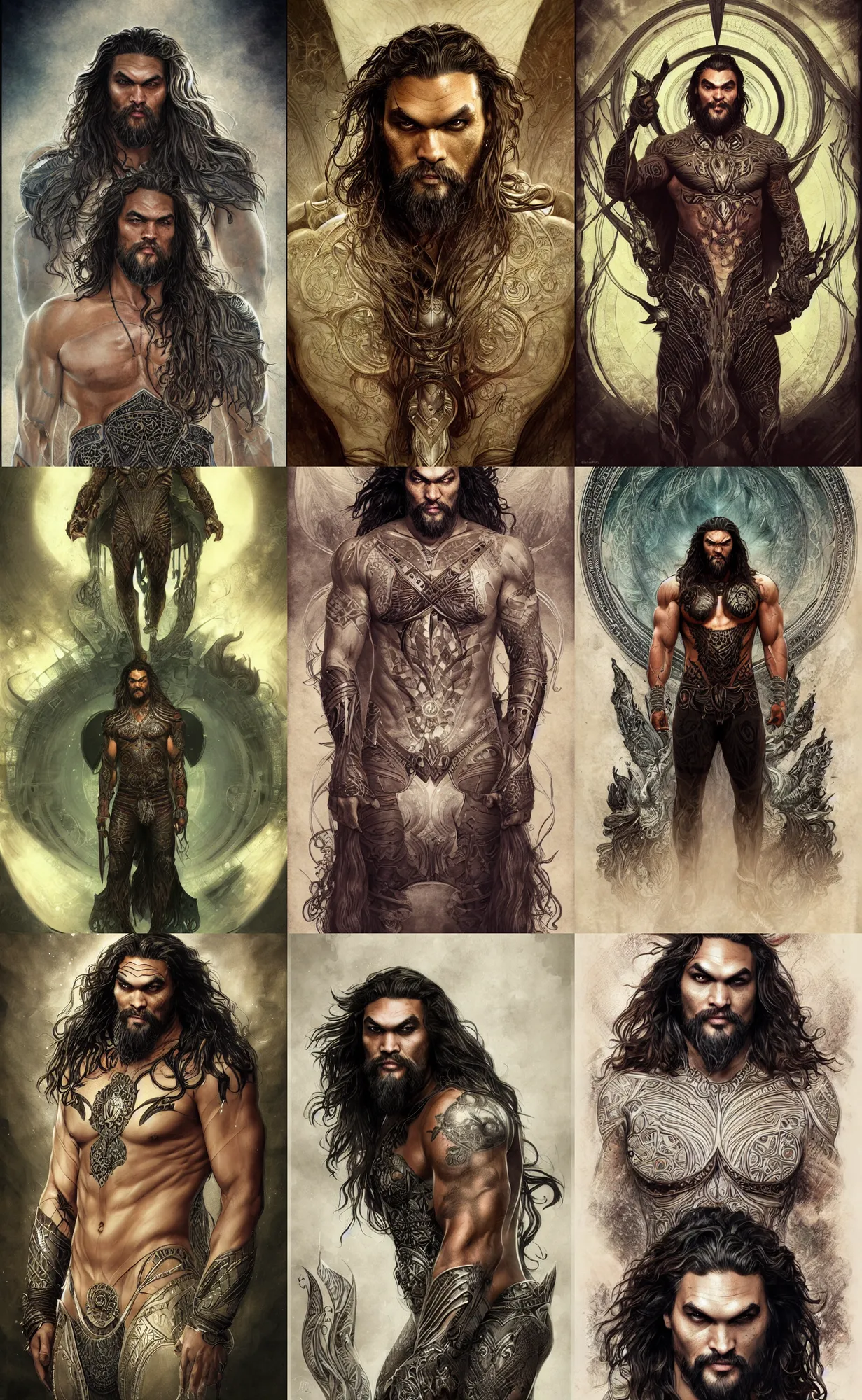 Prompt: jason momoa, front view, symetrical, full body, neutral background, intricate, sharp focus, illustration, aleksi briclot, rossbach, anna dittmann, rutkowski, mucha