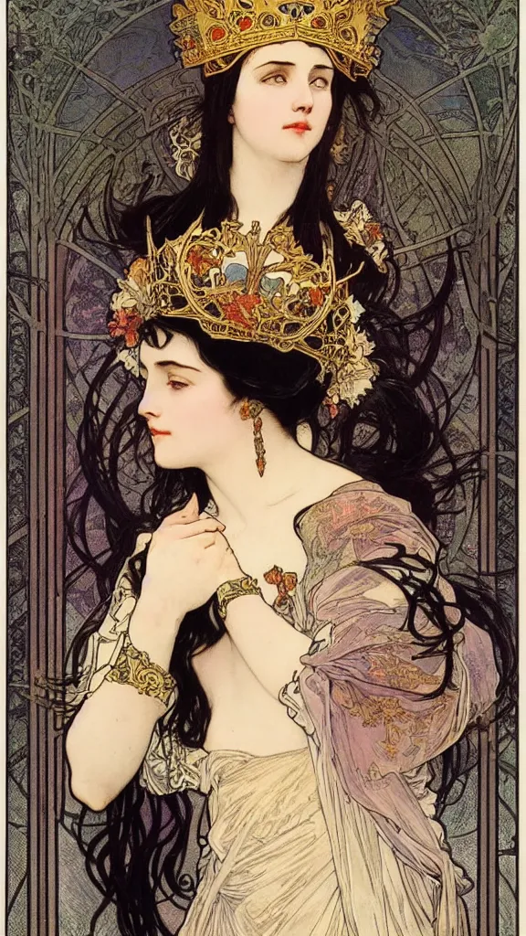 Prompt: portrait of a beautiful black haired woman with pale skin and a crown on her head sitted on an intricate metal throne, artwork by alphonse mucha