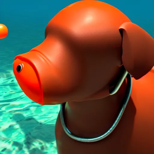 Prompt: lifeguard chocolate lab, 3 d model, hyperealistic, cartoony, 4 k, ultra quality, orange scuba mask, under the sea, murky lighting, angler fish lurking in the background, artstation, unreal engine