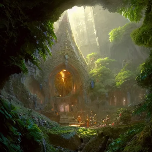 Image similar to worm's eye view of a elven headquarters carved inside a mountain above a lush garden, neat and tidy, magical, natural light, fantasy, sharp focus, concept art, by greg rutkowski and craig mullins, cozy atmospheric and cinematic lighting, trending on artstation