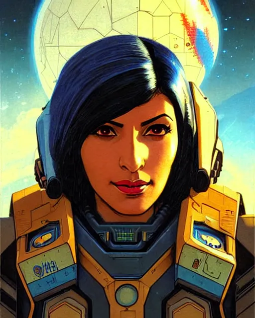 Image similar to pharah from overwatch, battletech, character portrait, portrait, close up, concept art, intricate details, highly detailed, vintage sci - fi poster, retro future, vintage sci - fi art, in the style of chris foss, rodger dean, moebius, michael whelan, and gustave dore