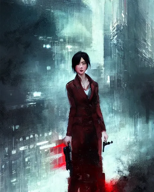 Image similar to battle hardened, sly, cunning, rugged ada wong, face centered portrait, red dinner dress, confident, ruined cityscape, zombies, fog, rain, volumetric lighting, soft light particles floating near her, illustration, perfectly shaded, soft painting, art by krenz cushart and wenjun lin