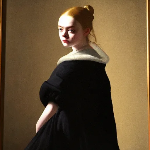 Image similar to a striking hyper real painting of Elle Fanning at night by Johannes Vermeer