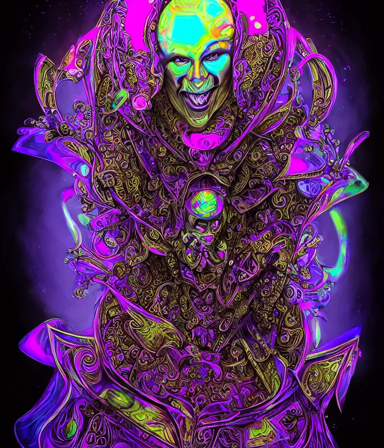 Image similar to front!!! shot of a court jester!!! character, hyperdimensional, bioluminescent hypercubes, dark holography!!!, sunset psychedelic, chrome, (((intricate))), elegant, highly detailed, centered, (((artstation, concept art, smooth, sharp focus, artgerm, Tomasz Alen Kopera, Peter Mohrbacher, donato giancola, Joseph Christian Leyendecker, WLOP, Boris Vallejo))), mugshot!!!!!, ugly!!!!!!, octane render, nvidia raytracing demo, octane render, nvidia raytracing demo, octane render, nvidia raytracing demo, grainy, muted, 8K, digitalblasphemy, metatron