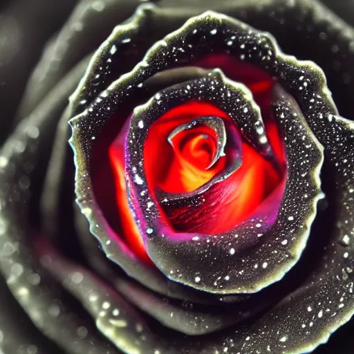 Image similar to award - winning macro of a beautiful black rose made of glowing molten magma