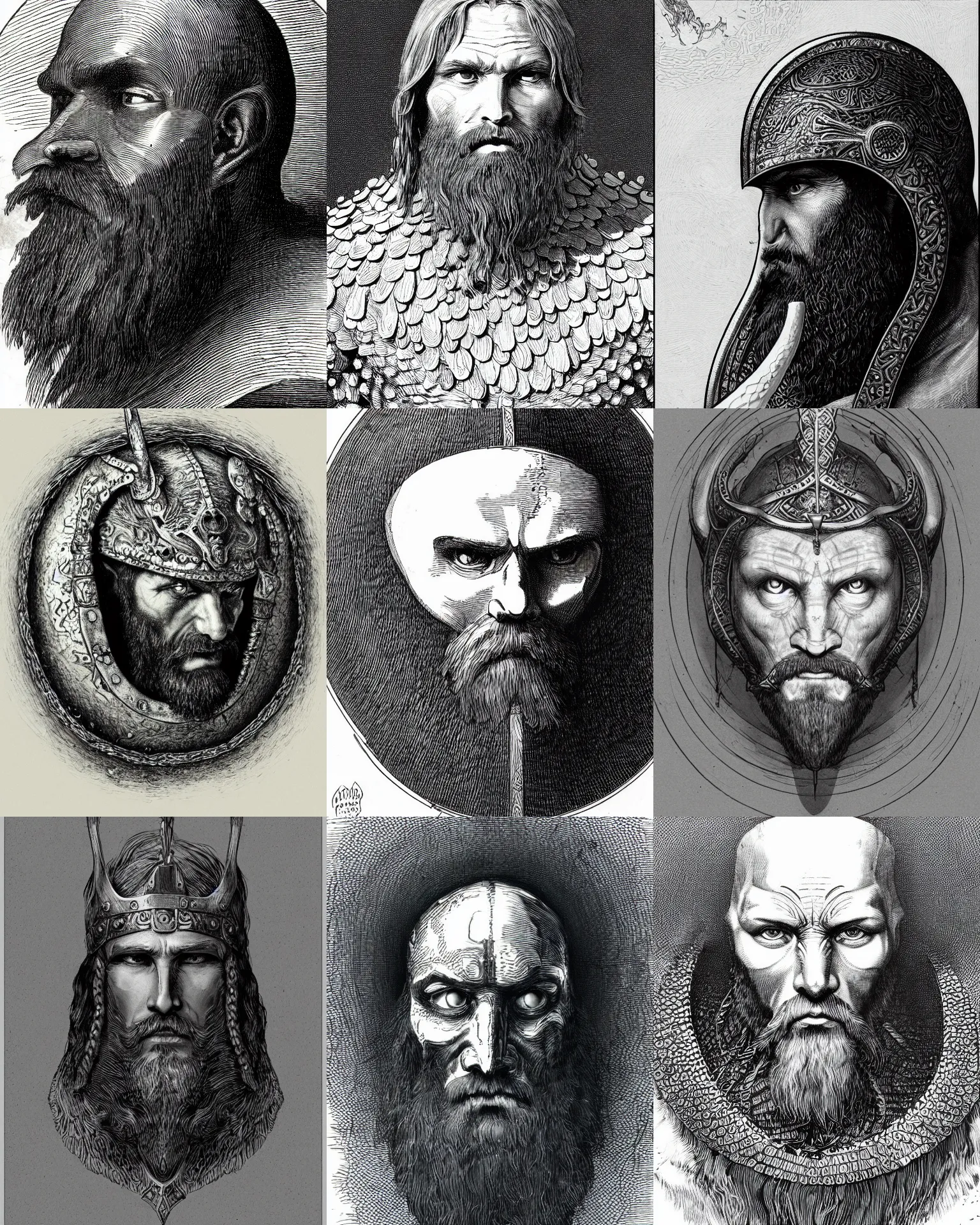 Prompt: detailed circle form portrait of beared viking wearing a bone armor, white background, trending on artstation, by gustave dore, black ink