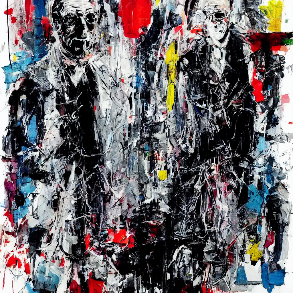 Image similar to Joe Biden full body portrait, Techwear, Cyberpunk, painting by Ralph Steadman, Francis Bacon, Hunter S Thompson