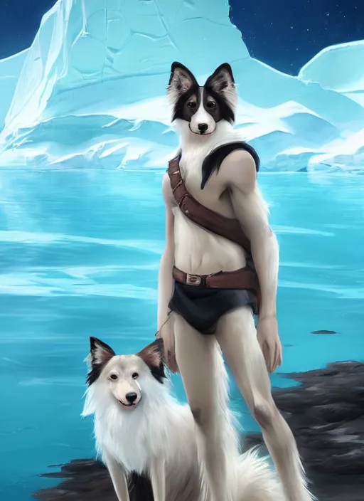 Image similar to beautiful portrait of a cute anthro male anthropomorphic border collie fursona wearing a swimsuit in antarctica. character design by charlie bowater, henry asencio, and ross tran. scenic background, detailed, glamor pose, aesthetic, furry, trending on artstation, top rated on furaffinity and deviantart