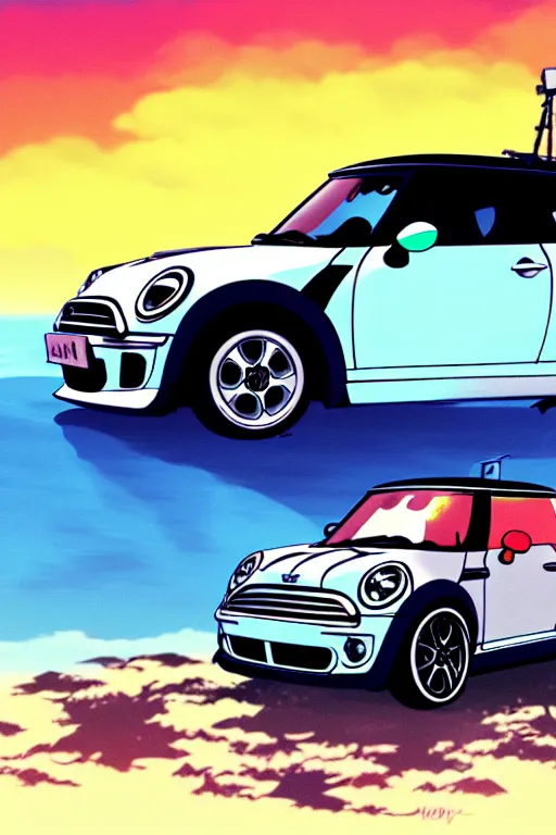 Image similar to anime art vehicle concept art, anime key visual of mini cooper s, at sunset at a beach, trending on pixiv fanbox, studio ghibli, extremely high quality artwork