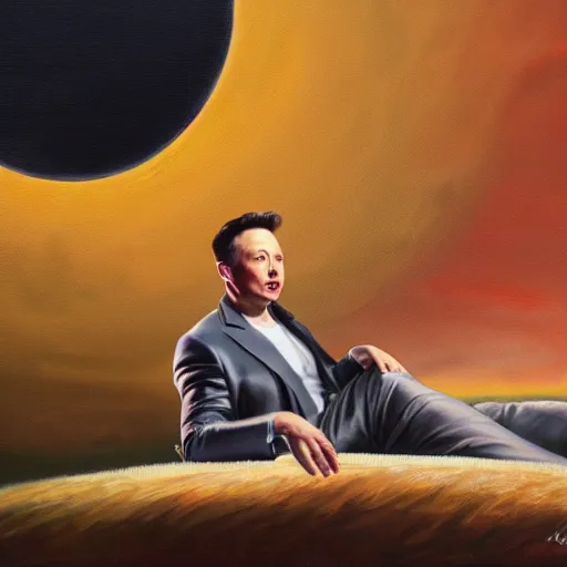 Prompt: Oil Painting of Elon Musk as Cleopatra, sitting on a cloud, ethereal, concept art, hyper realism, sharp focus