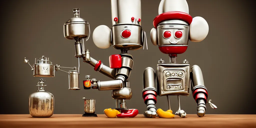 Image similar to closeup portrait of tin toy retro robot chef with flasks in a kitchen, cooking pastry with flasks, depth of field, zeiss lens, detailed, centered, fashion photoshoot, by nicoletta ceccoli, mark ryden, lostfish, breathtaking, 8 k resolution, extremely detailed, beautiful, establishing shot, artistic, hyperrealistic, octane render