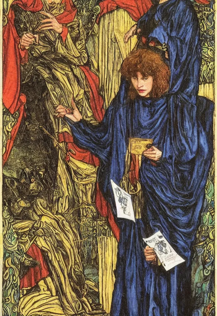 Prompt: Yoshua Bengio as the Magician on the Tarot card. Illustration by preraphaelists.