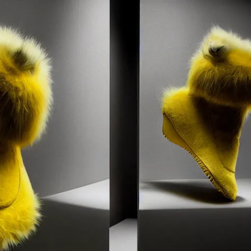 Image similar to nike shoe made of very fluffy yellow pikachu faux fur placed on reflective surface, professional advertising, overhead lighting, heavy detail, realistic by nate vanhook, mark miner