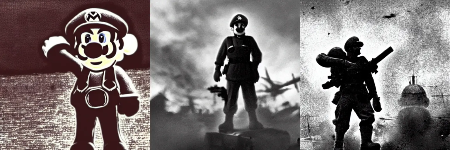 Prompt: Super Mario at World War 2 battlefield, old grainy BW photo