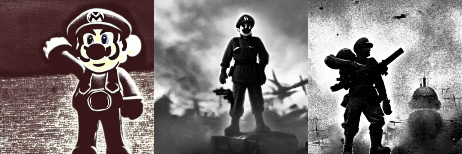 Image similar to Super Mario at World War 2 battlefield, old grainy BW photo