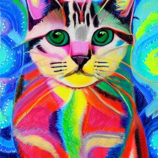 Prompt: colorful cat portrait in the style of kim haskins detailed whimsical painting