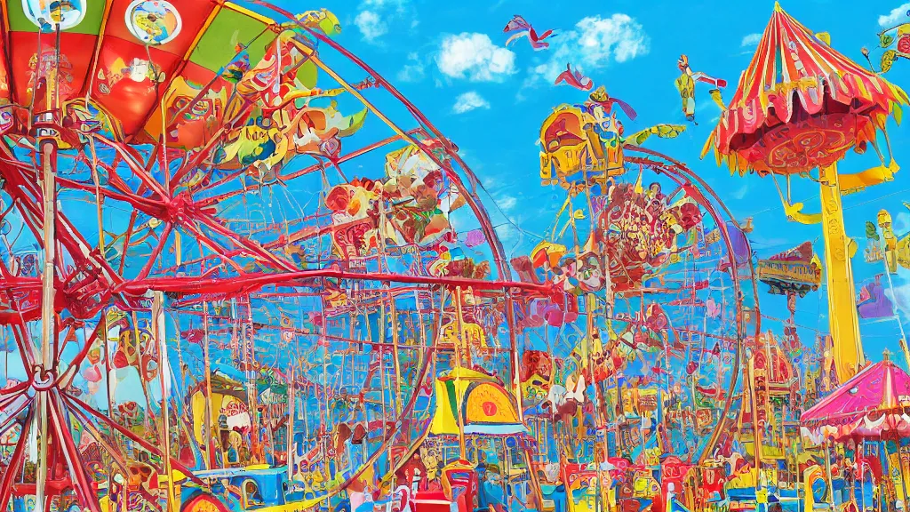 Image similar to carnival town, the horror carnival drawn in the style of a children's book. ferris wheel, circus tent, and carousel. disney style. cutesy, fun, and bright. color harmony, 8 k detail, gallery quality, hd wallpaper, premium prints available, hyper - detailed, intricate design.