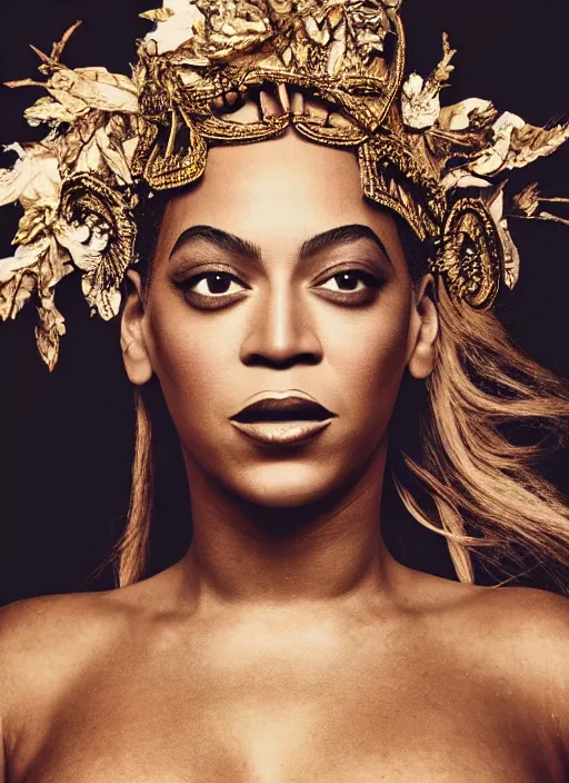 Image similar to photo of beyonce styled by nick knight posing, intricate headpiece, showstudio, face close up, vogue magazine, 2 0 2 0, canon, highly realistic. high resolution. highly detailed. dramatic. 8 k. 4 k. zeiss lens, canon eos, cinematic lighting, photography, film still