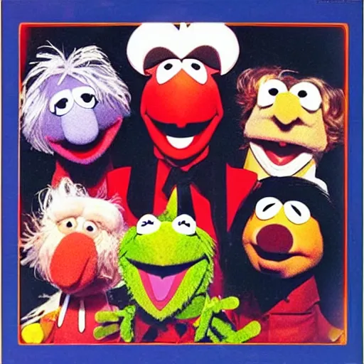 Prompt: Jim Henson Depeche mode cover art, 1982, Dave gahan, synthetizers, Muppets