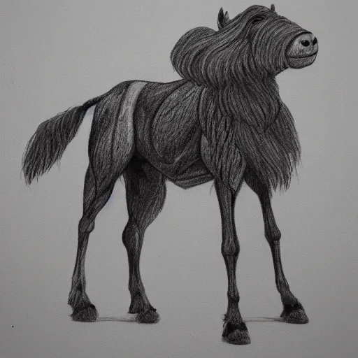Image similar to full body black and white pencil sketch of a muscular Alf