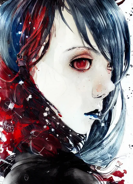 Prompt: highly detailed portrait of an attractive automata with a blue wavy hair, by dustin nguyen, akihiko yoshida, greg tocchini, greg rutkowski, by kaethe butcher, 4 k resolution, nier : automata inspired, bravely default inspired, vibrant but dreary but upflifting red, black and white color scheme!!! ( ( space nebula background ) )