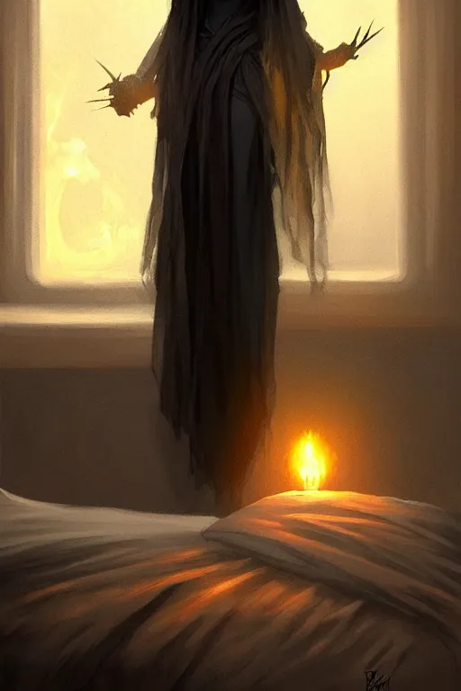 Prompt: death waking up from the bed , death is wearing black robe, sunrise coloring the room,fantasy, intricate, elegant, highly detailed, digital painting, artstation, concept art, smooth, sharp focus, illustration, art by Ilja Repin