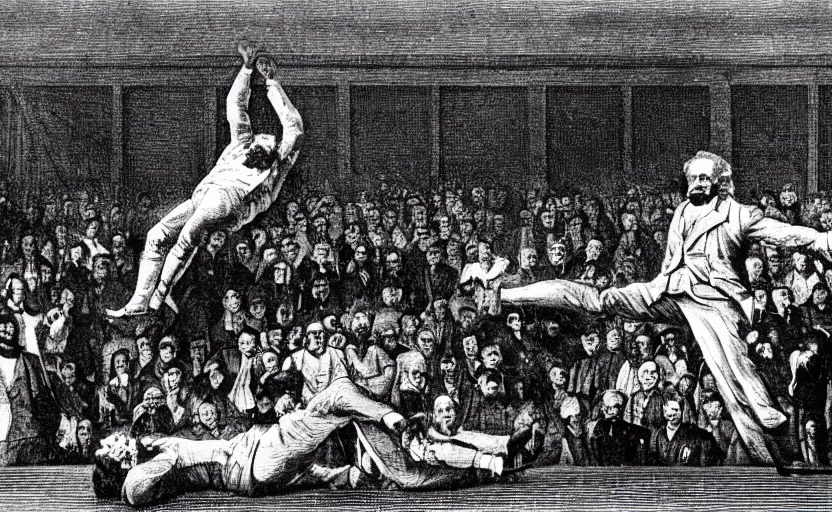 Image similar to Karl Marx as WWE wrestler suplexing Friedrich Nietsche on a WWE ring and the crowd goes crazy, sports photo, highly detailed