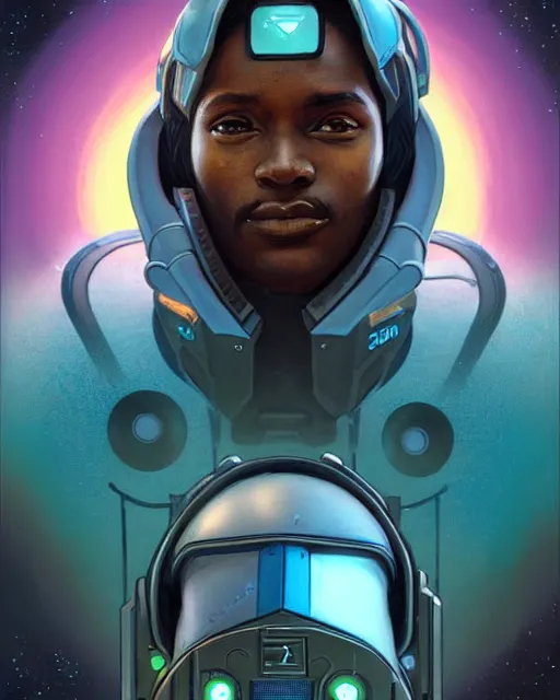 Image similar to sojourn from overwatch, african canadian, gray hair, teal eyes, character portrait, portrait, close up, concept art, intricate details, highly detailed, vintage sci - fi poster, retro future, vintage sci - fi art, in the style of chris foss, rodger dean, moebius, michael whelan, and gustave dore