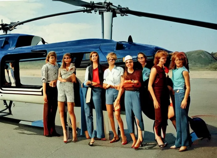 Image similar to color photo. a cool handsome photomodel standingwith hos arm crossed in the 8 0's. girls on both sides. helicopter in the background