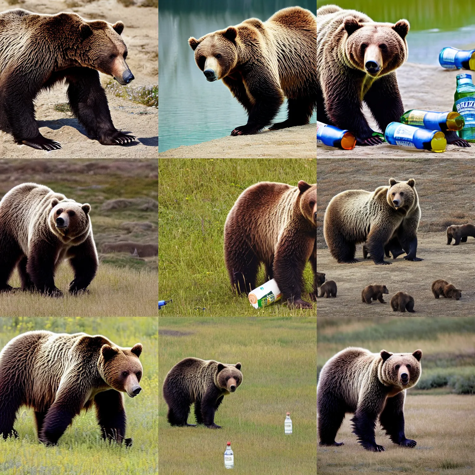 Prompt: grizzly bear with bottles for arms